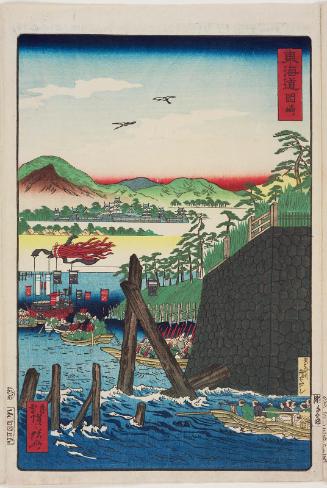 Okazaki, from the series Scenes of Famous Places along the Tôkaidô Road (Tôkaidô meisho fûkei), also known as the Processional Tôkaidô (Gyôretsu Tôkaidô), here called Tôkaidô