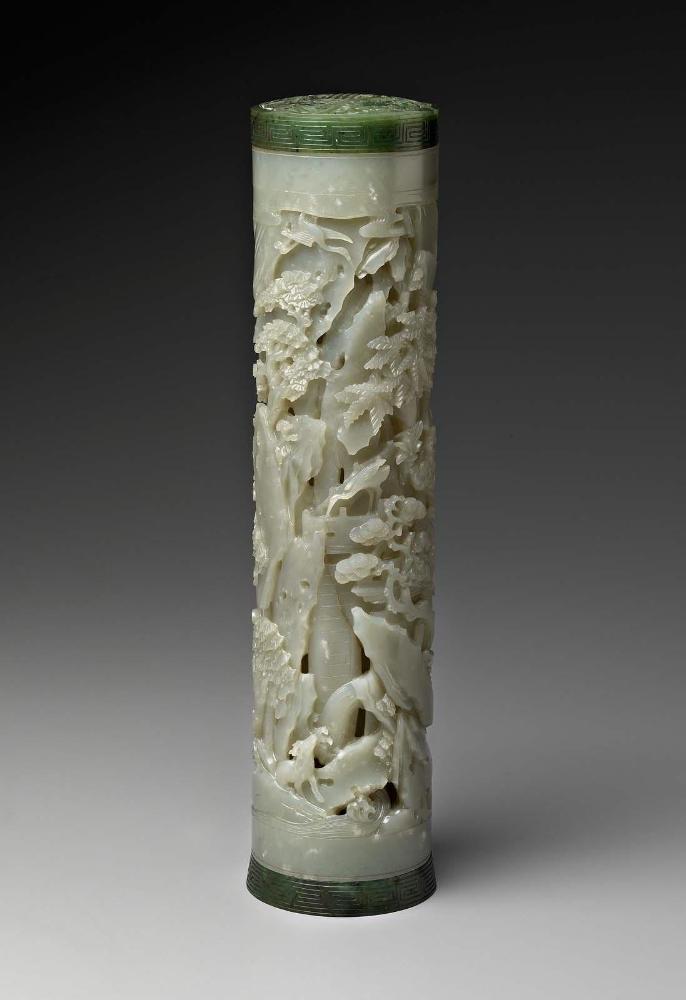 White jade tube with perforated design of figures in landscape with spinach jade cover