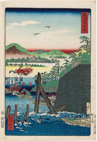 Okazaki, from the series Scenes of Famous Places along the Tôkaidô Road (Tôkaidô meisho fûkei), also known as the Processional Tôkaidô (Gyôretsu Tôkaidô), here called Tôkaidô