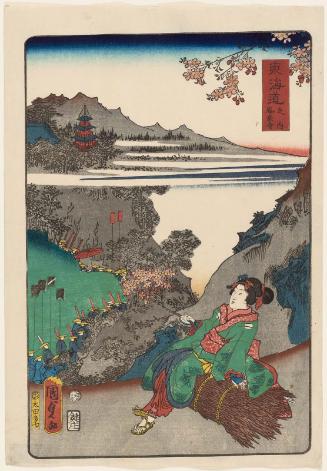 Hôrai-ji Temple (Hôrai-ji), from the series Scenes of Famous Places along the Tôkaidô Road (Tôkaidô meisho fûkei), also known as the Processional Tôkaidô (Gyôretsu Tôkaidô), here called Tôkaidô no uchi