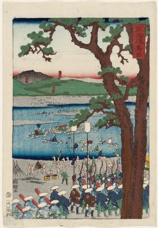 Shimada, from the series Scenes of Famous Places along the Tôkaidô Road (Tôkaidô meisho fûkei), also known as the Processional Tôkaidô (Gyôretsu Tôkaidô), here called Tôkaidô
