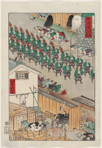 Cattle Sheds at Takanawa (Takanawa ushigoya), from the series Scenes of Famous Places along the Tôkaidô Road (Tôkaidô meisho fûkei), also known as the Processional Tôkaidô (Gyôretsu Tôkaidô), here called Tôkaidô