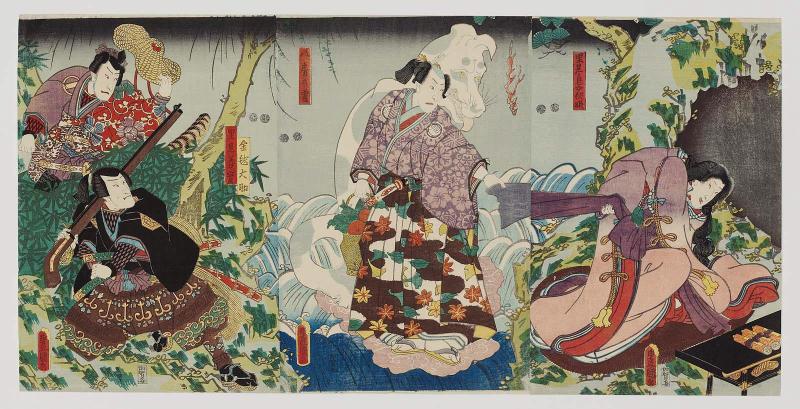 Actors Bandô Shûka I as Satomi's Daughter (Sokujo) Fuse-hime (R), Sawamura Chôjûrô V as the Ghost (Rei) of the Dog Yatsufusa (C), Seki Sanjûrô III as Kanemari Daisuke, and Sawamura Chôjûrô V as Satomi Yoshizane (L)