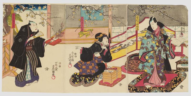 Actors Ichimura Uzaemon XII as Soga Jûrô Sukenari (R), Onoe Baikô IV as Ôisoya's Wife (Nyôbô) Okiku (C), and Sawamura Chôjûrô V as the Male Geisha (Otoko geisha) Kôga (L)