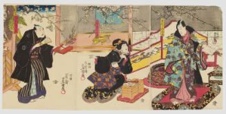 Actors Ichimura Uzaemon XII as Soga Jûrô Sukenari (R), Onoe Baikô IV as Ôisoya's Wife (Nyôbô) Okiku (C), and Sawamura Chôjûrô V as the Male Geisha (Otoko geisha) Kôga (L)