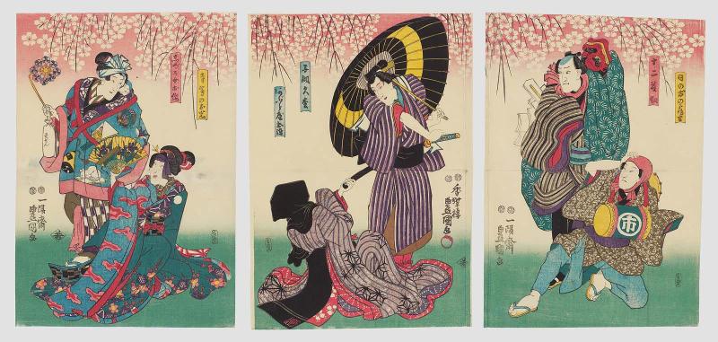 Actors Bandô Takesaburô I as Hinode no Tsurukichi, Ichikawa Kuzô II as Jûni Tôsuke (R); Iwai Kumesaburô III as both Kokai Hisamatsu and Aburaya Osome (C); and Iwai Kumesaburô III as both Terashima no Omitsu and Shizunome Osaku (L)