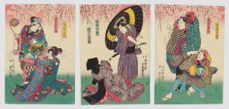 Actors Bandô Takesaburô I as Hinode no Tsurukichi, Ichikawa Kuzô II as Jûni Tôsuke (R); Iwai Kumesaburô III as both Kokai Hisamatsu and Aburaya Osome (C); and Iwai Kumesaburô III as both Terashima no Omitsu and Shizunome Osaku (L)