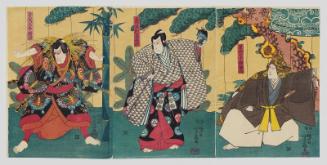 Actors Ichimura Uzaemon XII as as Soga no Jûrô Sukenari (R), Sawamura Chôjûrô V as Kudô Bettô Suketsune (C), and Seki Sanjûrô III as Soga no Gorô Tokimune (L)