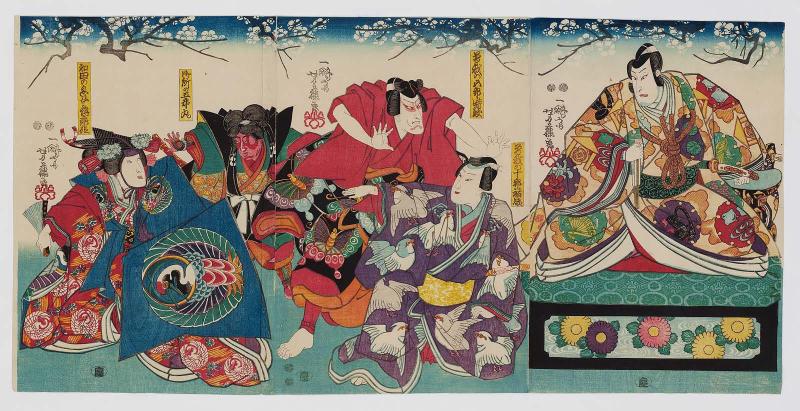 Actors Sawamura Chôjûrô V as Kudô Suketsune (R), Ichimura Uzaemon XII as as Soga no Jûrô Sukenari, Seki Sanjûrô III as Soga no Gorô Tokimune (C), unidentified actor as Gosho no Goromaru, and Fujikawa Kayû III as Wada's Daughter (Sokujo) Maizuru-hime (L)