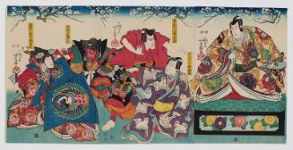 Actors Sawamura Chôjûrô V as Kudô Suketsune (R), Ichimura Uzaemon XII as as Soga no Jûrô Sukenari, Seki Sanjûrô III as Soga no Gorô Tokimune (C), unidentified actor as Gosho no Goromaru, and Fujikawa Kayû III as Wada's Daughter (Sokujo) Maizuru-hime (L)