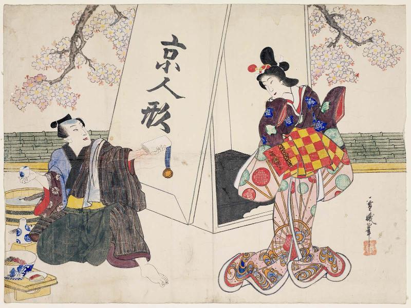 Actors Sawamura Tanosuke III as the Spirit of a Kyoto Doll (Kyô-ningyô no sei)  and Nakamura Fukusuke I as Hidari Jingorô (L)