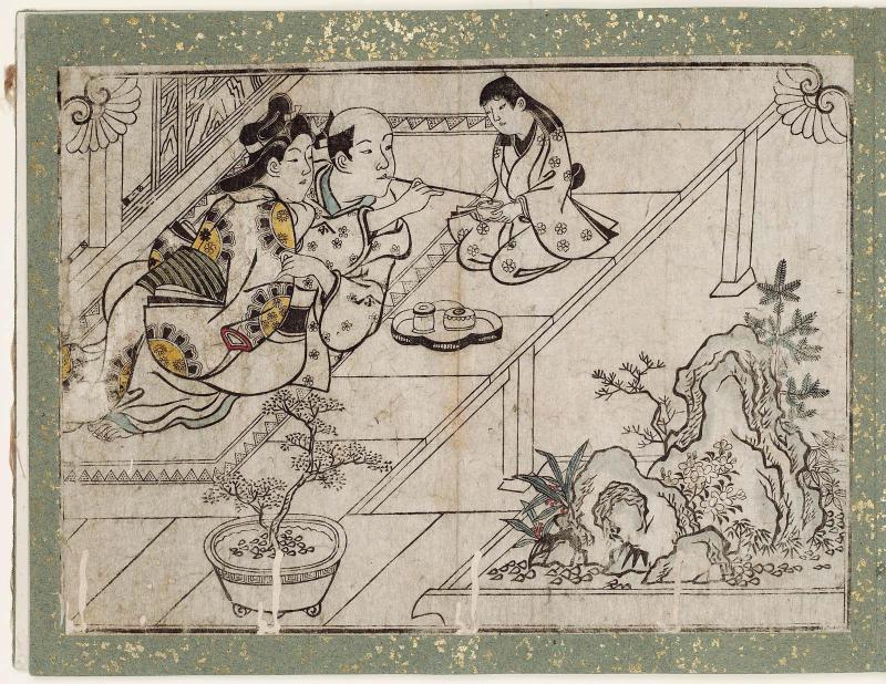 Courtesan, Client, and Attendant on a Veranda, from an untitled erotic series