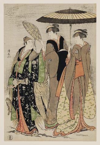 Actors Sawamura Sôjûrô III as Minamoto no Yoritomo, Yamashita Mangiku as Masako, and Nakamura Rikô as the maid Kiyotaki