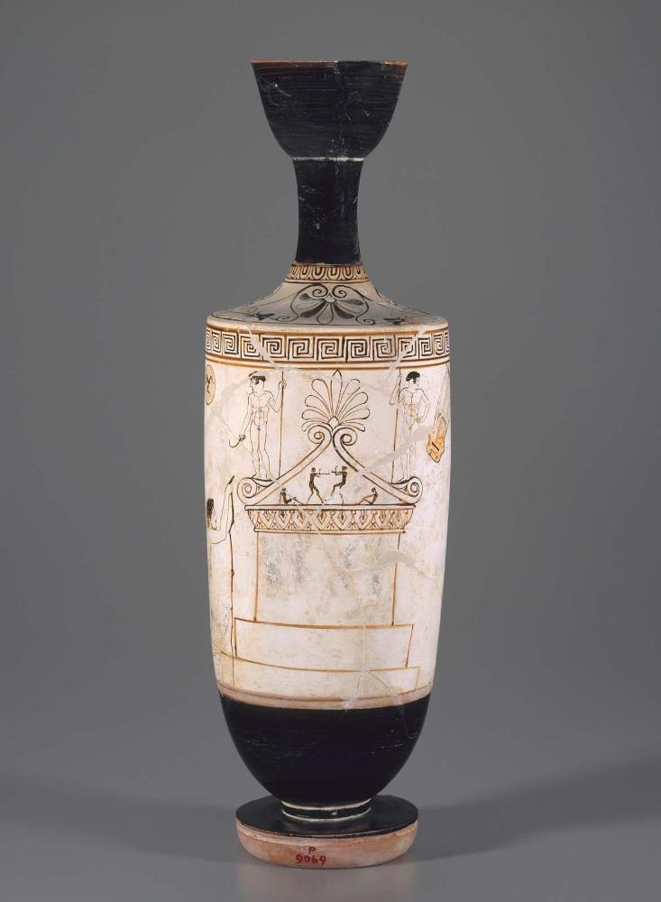 White ground oil flask (lekythos) depicting a grave monument for an athlete