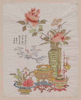 Peony, narcissus, and camellia with vase and tripod