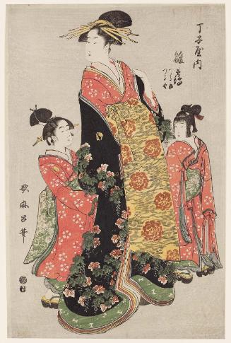 Hinazuru of the Chôjiya, kamuro Tsuruji and Tsuruno, from an untitled series of courtesans