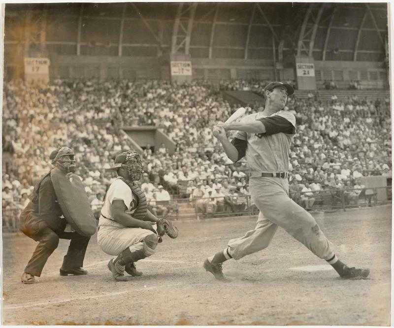 Ted Williams at Bat, in a game against the Dodgers, Miami Stadium, during Spring Training