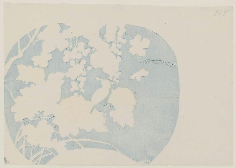 Bird with Hollyhocks and Grapes, No. 7 from a set of fan prints demonstrating the printing process