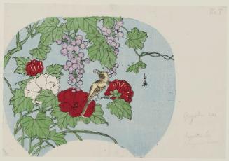 Bird with Hollyhocks and Grapes, No. 8 from a set of fan prints demonstrating the printing process