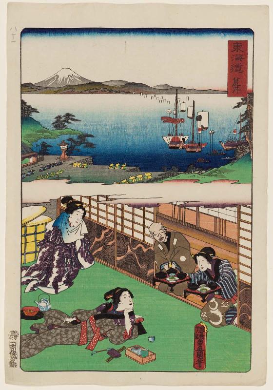 Arai, from the series Scenes of Famous Places along the Tôkaidô Road (Tôkaidô meisho fûkei), also known as the Processional Tôkaidô (Gyôretsu Tôkaidô), here called Tôkaidô