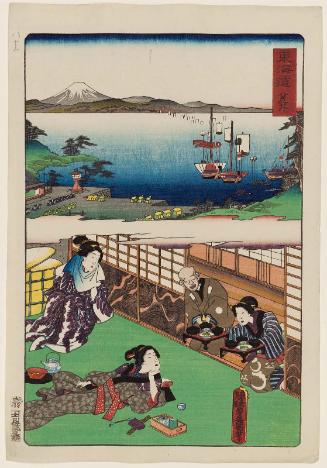 Arai, from the series Scenes of Famous Places along the Tôkaidô Road (Tôkaidô meisho fûkei), also known as the Processional Tôkaidô (Gyôretsu Tôkaidô), here called Tôkaidô