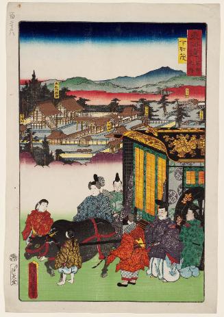 The Lower Kamo Shrine (Shimogamo), from the series Scenes of Famous Places along the Tôkaidô Road (Tôkaidô meisho fûkei), also known as the Processional Tôkaidô (Gyôretsu Tôkaidô), here called Tôkaidô meisho no uchi