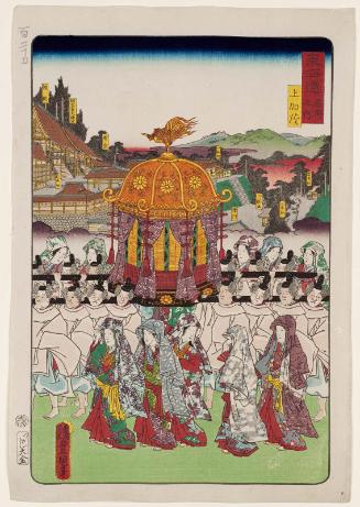 The Upper Kamo Shrine (Kamigamo), from the series Scenes of Famous Places along the Tôkaidô Road (Tôkaidô meisho fûkei), also known as the Processional Tôkaidô (Gyôretsu Tôkaidô), here called Tôkaidô meisho no uchi