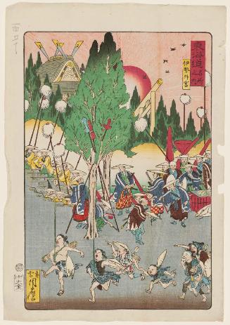 The Outer Shrine at Ise (Ise Gekû), from the series Scenes of Famous Places along the Tôkaidô Road (Tôkaidô meisho fûkei), also known as the Processional Tôkaidô (Gyôretsu Tôkaidô), here called Tôkaidô meisho no uchi