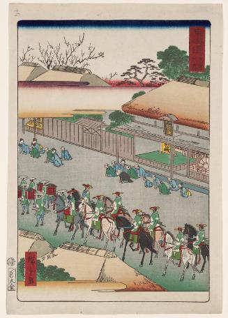 Ômori, from the series Scenes of Famous Places along the Tôkaidô Road (Tôkaidô meisho fûkei), also known as the Processional Tôkaidô (Gyôretsu Tôkaidô), here called Tôkaidô meisho