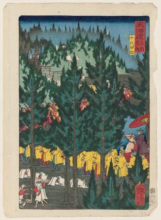 Chiyoda Shrine (Chiyoda yashiro), from the series Scenes of Famous Places along the Tôkaidô Road (Tôkaidô meisho fûkei), also known as the Processional Tôkaidô (Gyôretsu Tôkaidô), here called Tôkaidô meisho no uchi