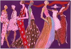 Seven female models in polka-dot dresses