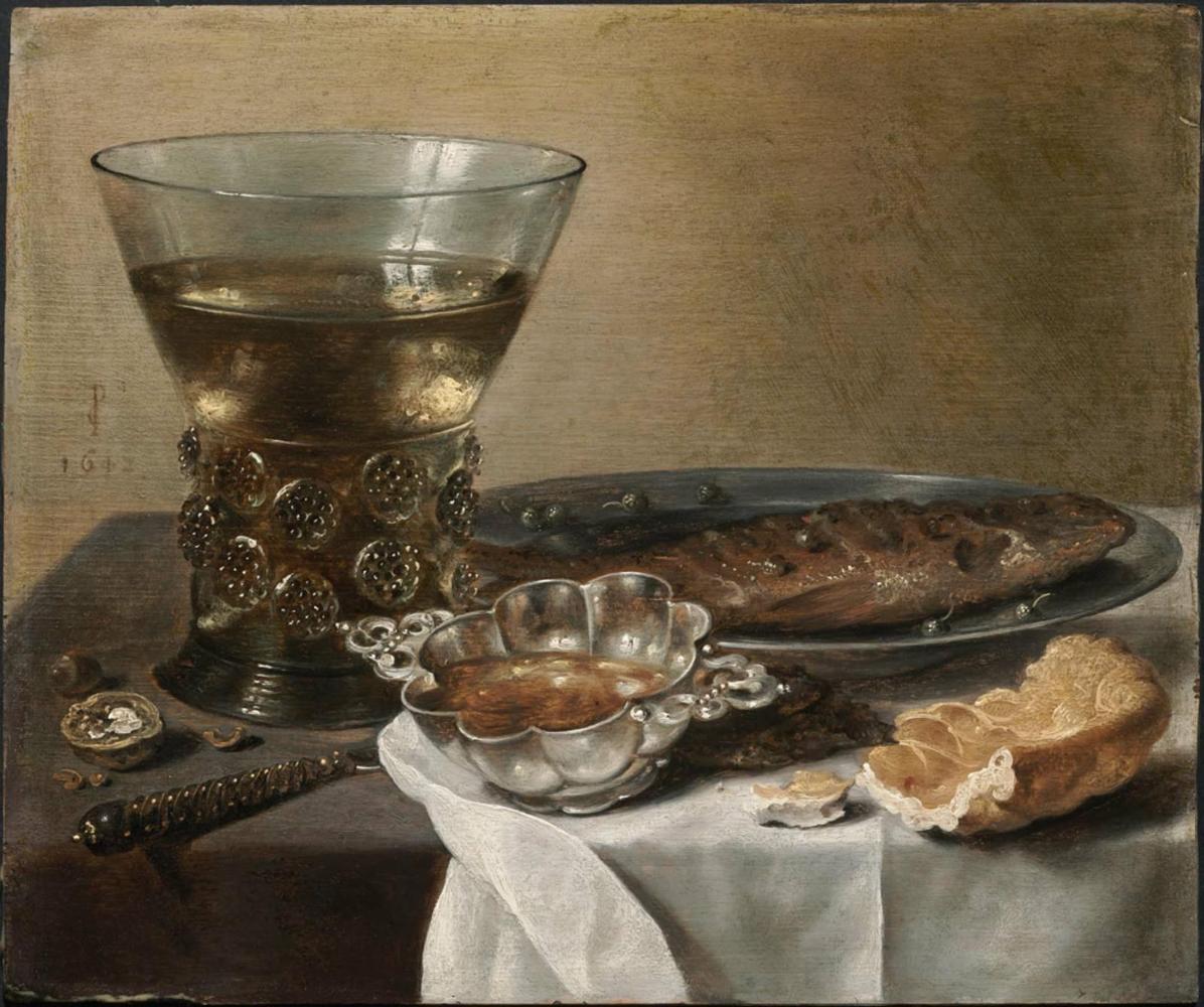 Still Life with Silver Brandy Bowl, Wine Glass, Herring, and Bread