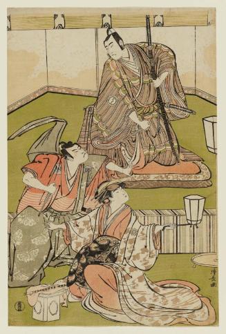 Actors Sawamura Sôjûrô III as Kudô Suketsune, Ichikawa Yaozô III as Soga no Gorô, and Mimasu Tokujirô I as Ôiso no Tora