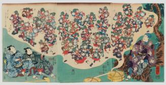Actors Nakamura Utaemon IV (R), Nakamura Fukusuke I, and Seki Sanjûrô III (L), with a Vision of Dancers in the Sparrow Dance