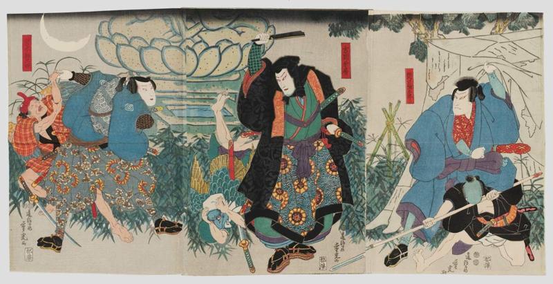 Actors Ichikawa Kodanji IV as Sekiguchi Yatarô (R), Ichikawa Danjûrô VIII as Yoshioka Kanefusa (C), and Ichimura Uzaemon XII as Miyamoto Musashi (L)