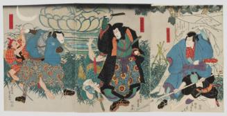 Actors Ichikawa Kodanji IV as Sekiguchi Yatarô (R), Ichikawa Danjûrô VIII as Yoshioka Kanefusa (C), and Ichimura Uzaemon XII as Miyamoto Musashi (L)
