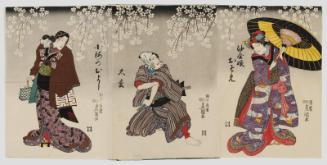 Actors Iwai Kumesaburô III as Aburaya Osome (R), Ichikawa Danjûrô VIII as Hisamatsu (C), and Onoe Kikujirô II as Koume no Oyoshi (L)