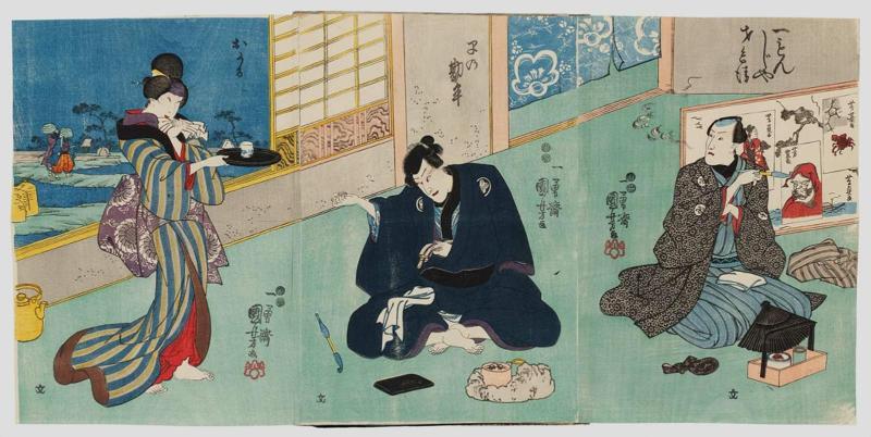 Actors Bandô Hikosaburô IV as Ichimonjiya Saihei (R), Ichikawa Danjûrô VIII as Hayano Kanpei (C), and Onoe Kikujirô II as Okaru (L)