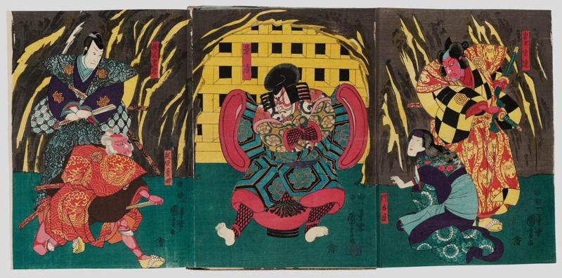 Actors Ichikawa Kodanji IV as Iwanaga Munetsura, Onoe Kikujirô I as Akoya (R), Ichikawa Danjûrô VIII as Kagekiyo (C), Bandô Hikosaburô IV as Chichibu Shigetada, and Ôtani Tomoemon IV as Kajiwara Kagetoki (L)