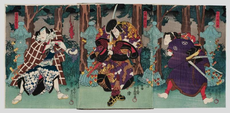 Actors Iwai Kumesaburô III as Shirai Gonpachi (R), Ichikawa Danjûrô VIII as Nippondaemon (C), and Seki Sanjûrô III as Banzui Chôbei (L)