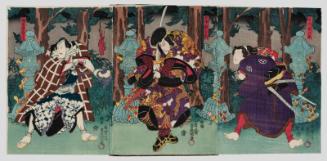 Actors Iwai Kumesaburô III as Shirai Gonpachi (R), Ichikawa Danjûrô VIII as Nippondaemon (C), and Seki Sanjûrô III as Banzui Chôbei (L)