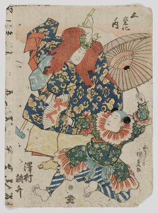 Actor Sawamura Tosshô I as a Chinese Acrobat (Tôjin) and as the God Inari in Kokaji, in a Dance of Five Changes (Gohenge no uchi)