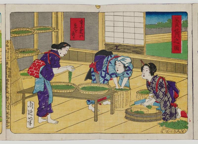 Feeding Mulberry Leaves to the Silkworms (Kaiko ni kuwa no ha o yaru), No. 2 from the series Sericulture in Pictures (Kaiko no zu)