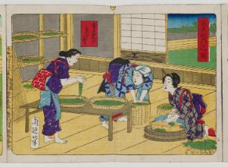 Feeding Mulberry Leaves to the Silkworms (Kaiko ni kuwa no ha o yaru), No. 2 from the series Sericulture in Pictures (Kaiko no zu)