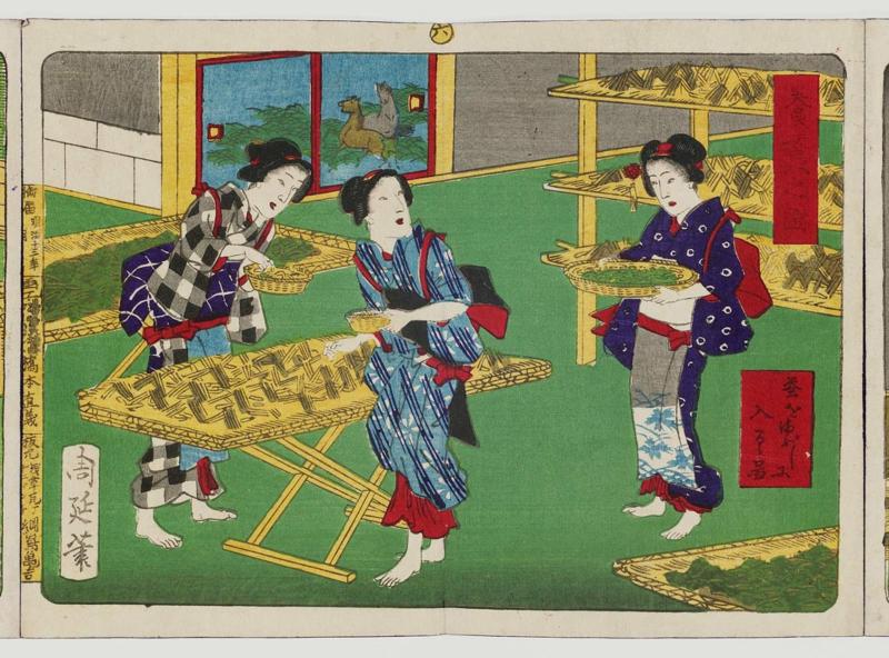 Introducing Silkworms to Straw Housing (Kaiko o mabushi ni ireru zu), No. 6 from the series Sericulture in Pictures (Kaiko no zu)