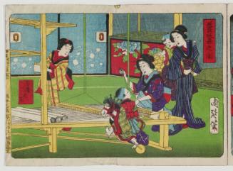 Weaving Silk Cloth on a Tall Loom (Takabata no zu), No. 10 from the series Sericulture in Pictures (Kaiko no zu)