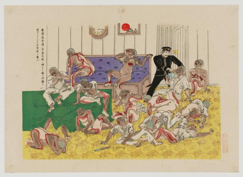 A Few Seriously Wounded Soldiers Managed to Escape the Poison Gas and Came to The Officers Room to Undergo Medical Treatment, illustration for the unpublished book Conditions aboard the Battleship Matsushima During the Battle of the Yellow Sea (Kôkai kaisen ni okeru Matsushima kannai no jôkyô)