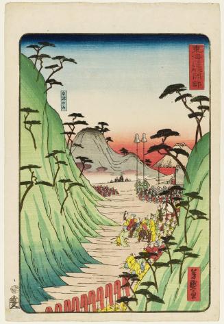 Okabe, from the series Scenes of Famous Places along the Tôkaidô Road (Tôkaidô meisho fûkei), also known as the Processional Tôkaidô (Gyôretsu Tôkaidô), here called Tôkaidô no uchi