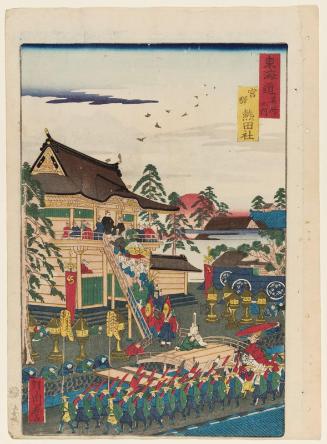 The Atsuta Shrine at Miya Station (Miya eki Atsuta no yashiro), from the series Scenes of Famous Places along the Tôkaidô Road (Tôkaidô meisho fûkei), also known as the Processional Tôkaidô (Gyôretsu Tôkaidô), here called Tôkaidô meisho no uchi