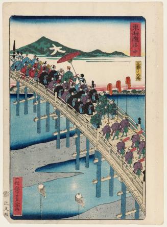 Central Kyoto: The Great Bridge at Sanjô (Rakuchû, Sanjô no Ôhashi), from the series Scenes of Famous Places along the Tôkaidô Road (Tôkaidô meisho fûkei), also known as the Processional Tôkaidô (Gyôretsu Tôkaidô), here called Tôkaidô